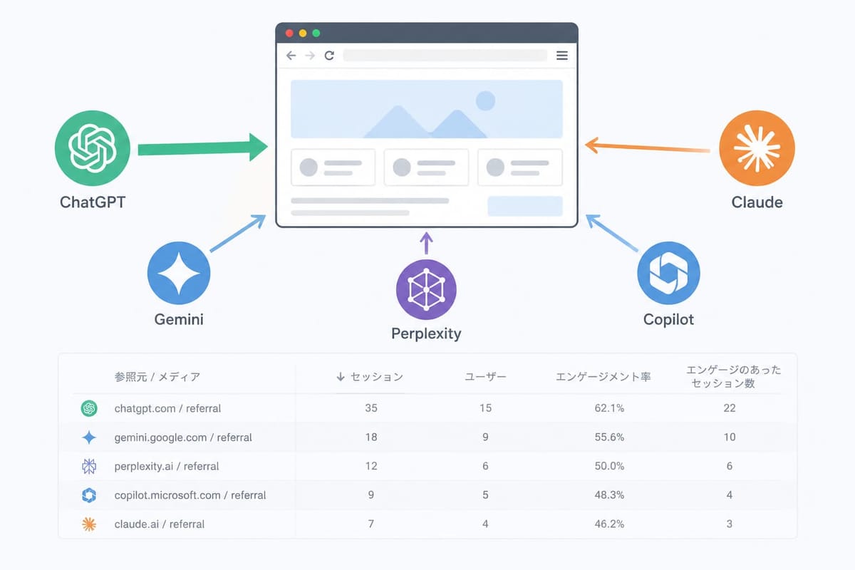 ChatGPT・Gemini・Perplexity・Copilot・Claudeからサイトへの流入を示す図と、AI別の参照元セッション表（chatgpt.com 35、gemini.google.com 18など）